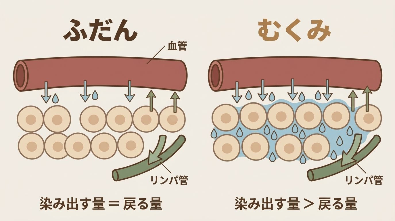 ふだんは血管から染み出す水分と戻る水分が同じ量だが、むくみでは染み出す量が戻る量を上回り、組織のすき間に水分がたまることを示す図