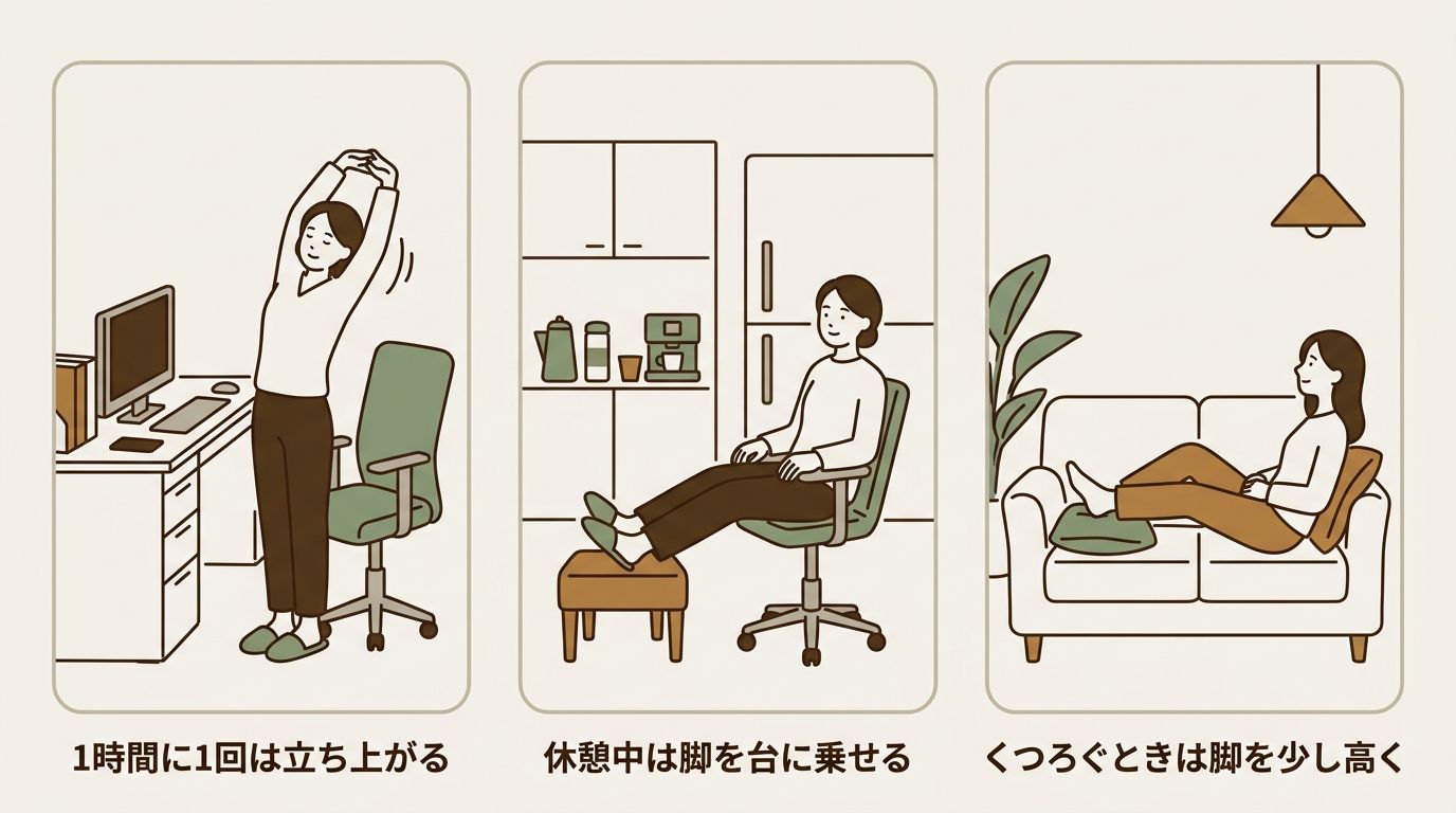 むくみ対策として、1時間に1回立ち上がる、休憩中に脚を台に乗せる、くつろぐときに脚を少し高くする様子のイラスト